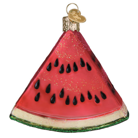 Watermelon Wedge Ornament, handcrafted artisan decor, glass, hand-painted, bright colors and glitter.