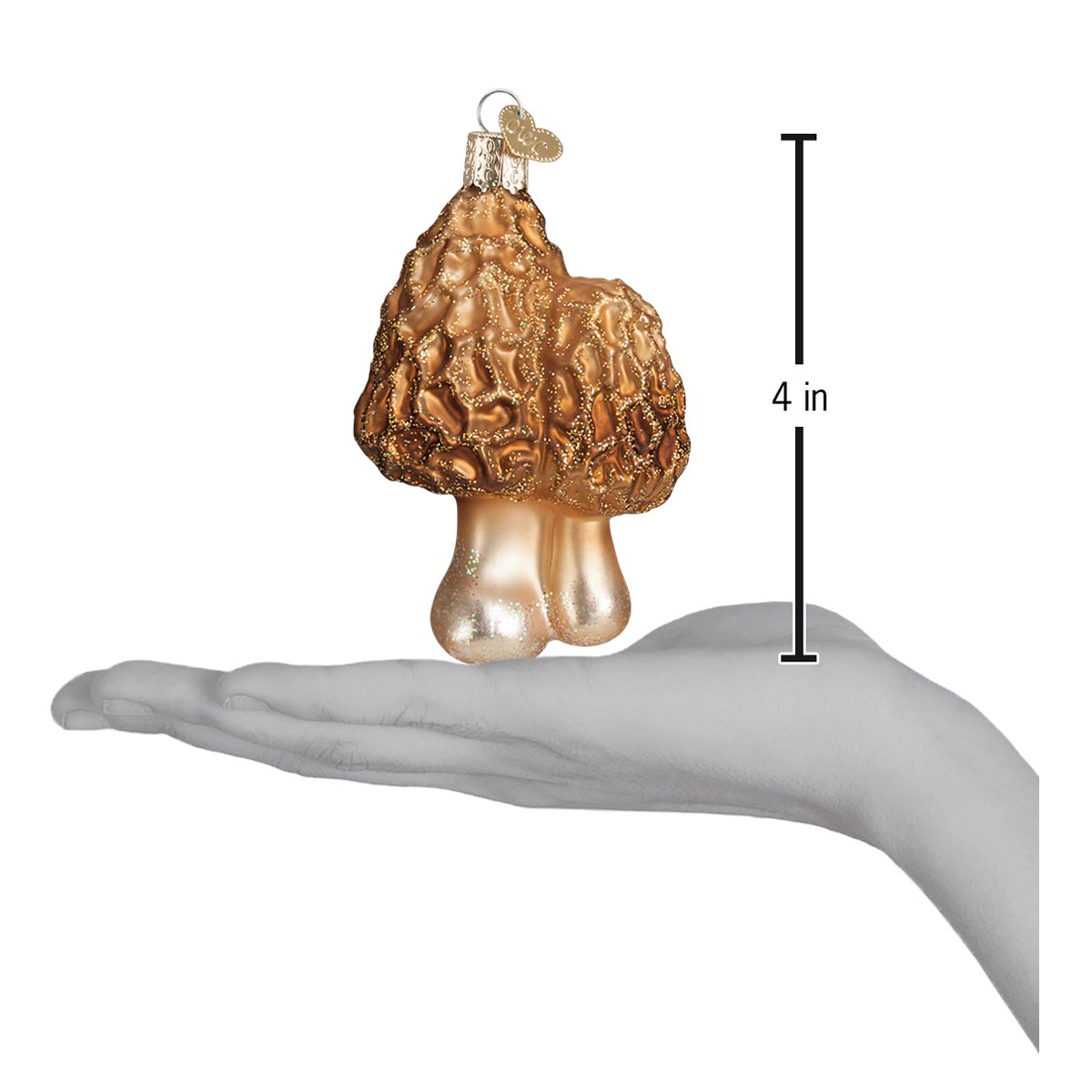 Morel Mushrooms Ornament displayed in a hand, showcasing its artisan handcrafted design, measuring 4 inches.