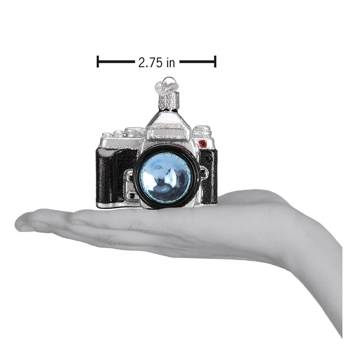 Camera Ornament displayed in hand, artisan handcrafted decor for photography lovers.