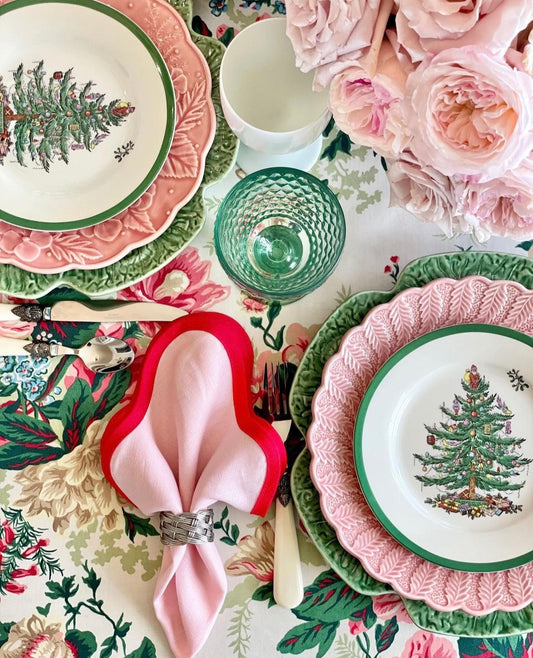 Linen Scalloped Square | Peony Pink with Rosebud Red