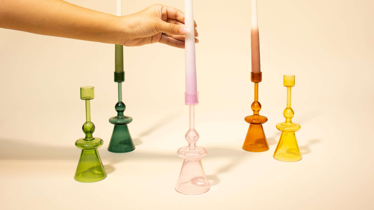 Glass Candle Holder | Set of 4 | Pink Candle Holders Casa Amarosa