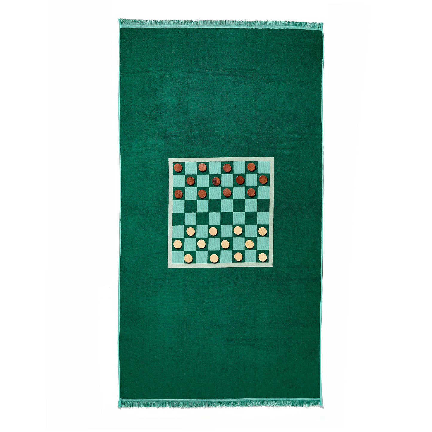 Green checkered towel with a geometric pattern on a white background