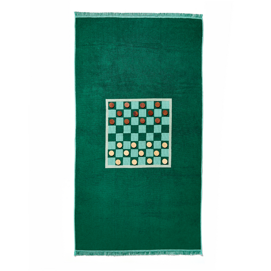 Green checkered towel with a geometric pattern on a white background
