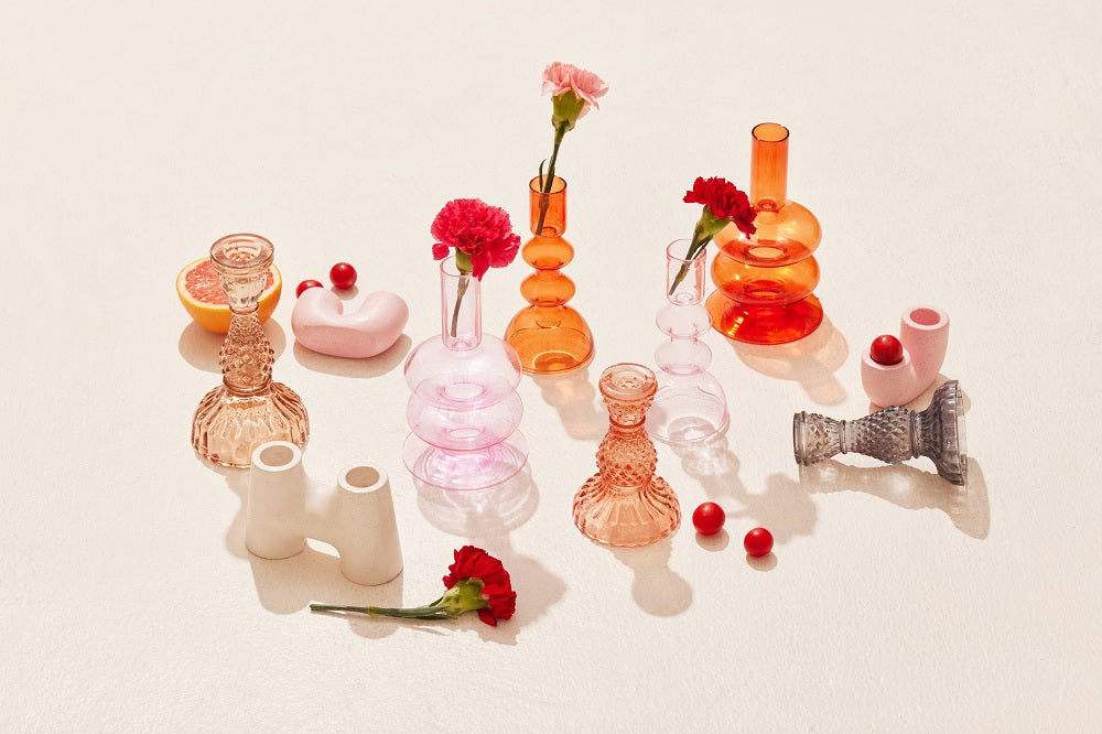 Retro Glass Candle Stick Holder Set of 4 | Pink Candle Holders Casa Amarosa