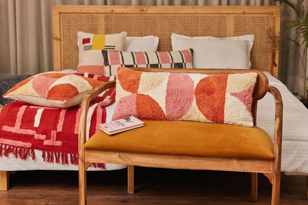 Rangoli Tufted Lumbar Pillow, Wine & Pink - 12x30 Inch Cushion Casa Amarosa