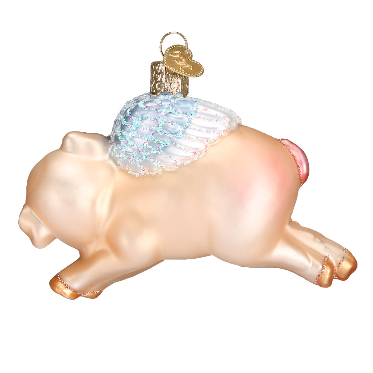 Flying Pig Glass Ornament handcrafted artisan decor with whimsical wings, celebrating extraordinary moments.