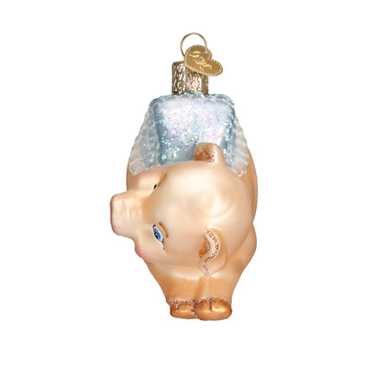 Handcrafted Flying Pig Glass Ornament with pastel colors, a whimsical decor piece celebrating unexpected victories.