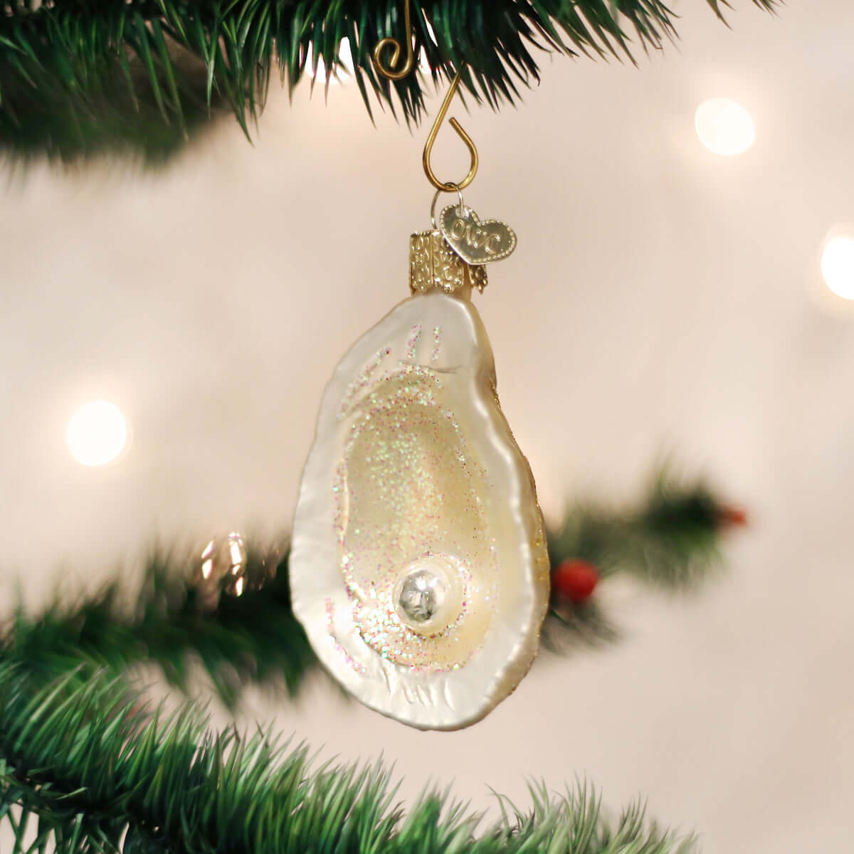 Oyster With Pearl Ornament, handcrafted artisan decor, unique handmade holiday decoration.