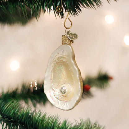 Oyster With Pearl Ornament, handcrafted artisan decor, unique handmade holiday decoration.