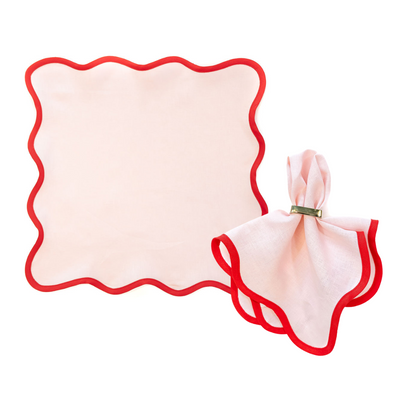 Linen Scalloped Square | Peony Pink with Rosebud Red