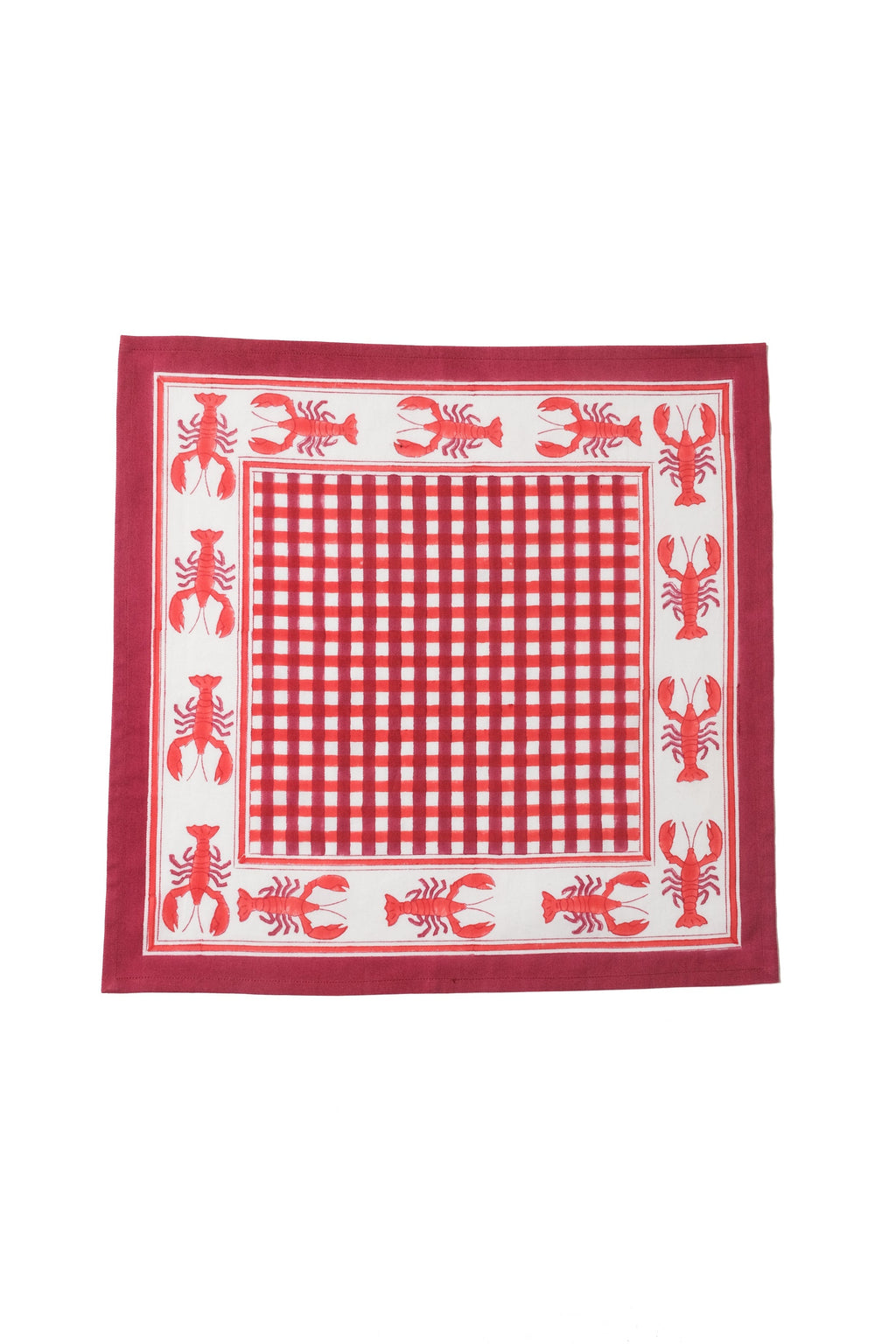 Lobster Red Gingham Blockprint Napkins, Set of 4