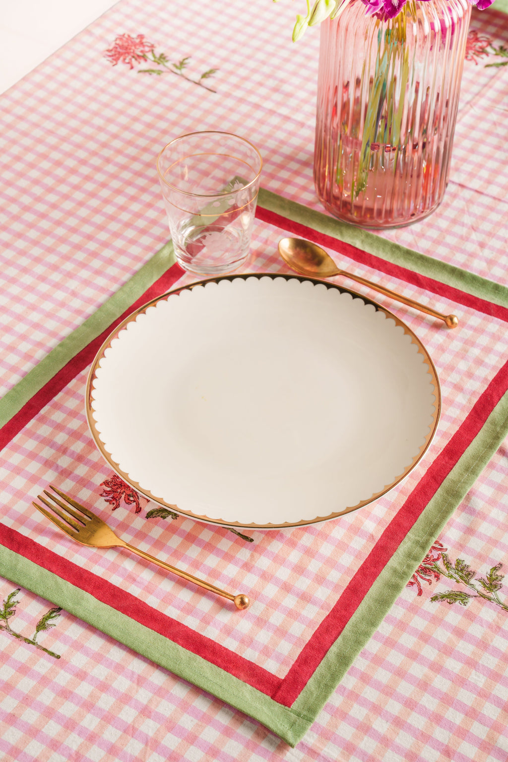 Dahlia Gingham Blockprint Placemat, Set of 2