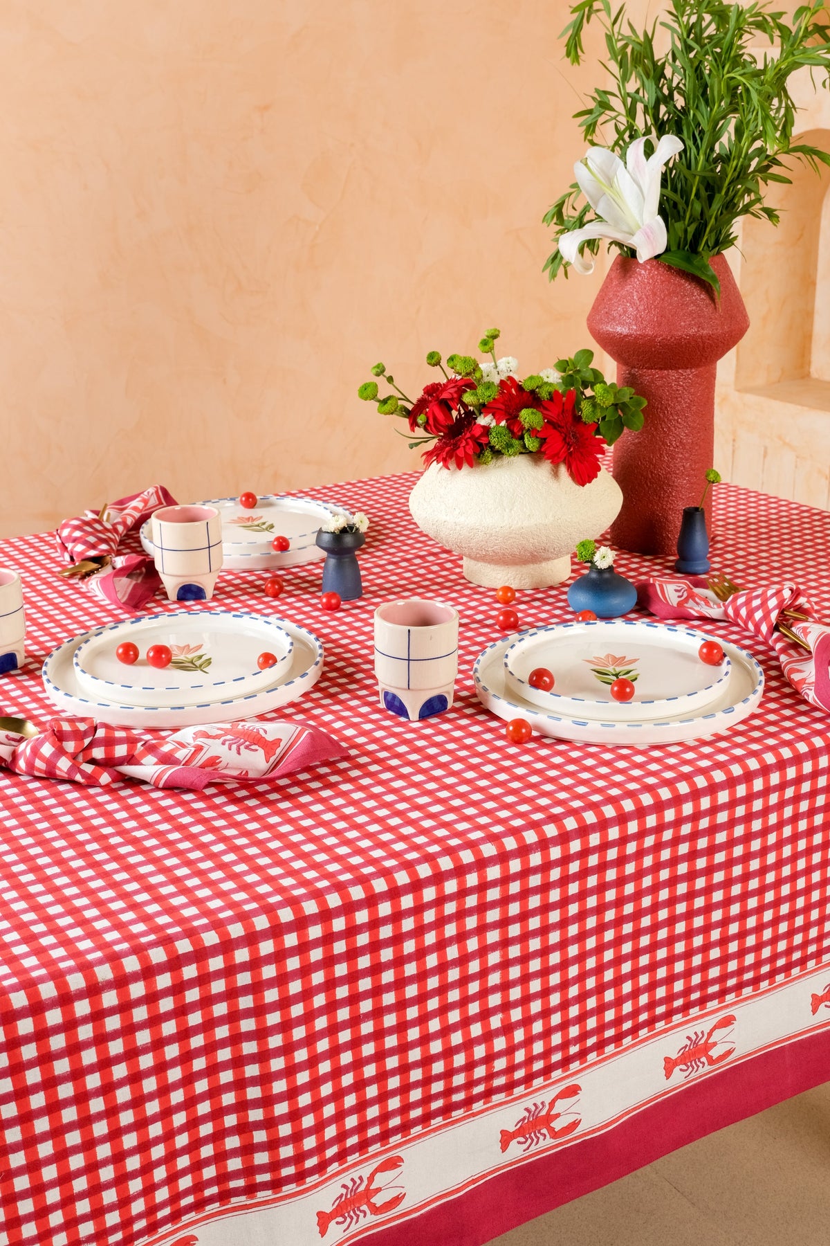 Lobster Red Gingham Blockprint Tablecloth