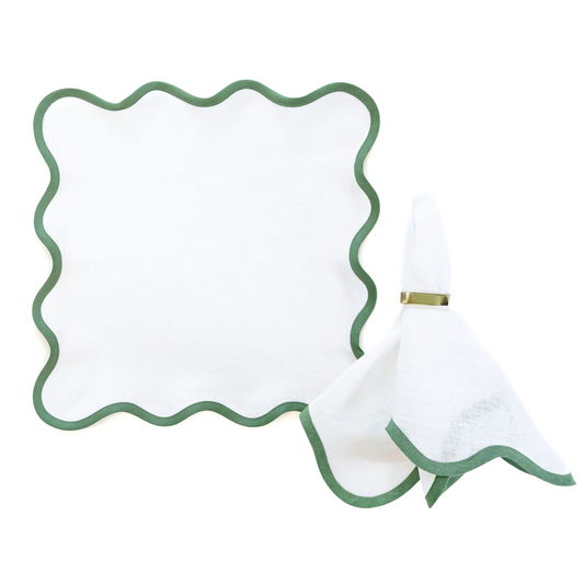 Linen Scalloped Square | Lily White with Pine Green