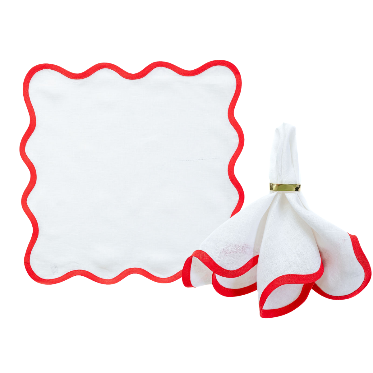 Linen Scalloped Square | Lily White with Rosebud Red