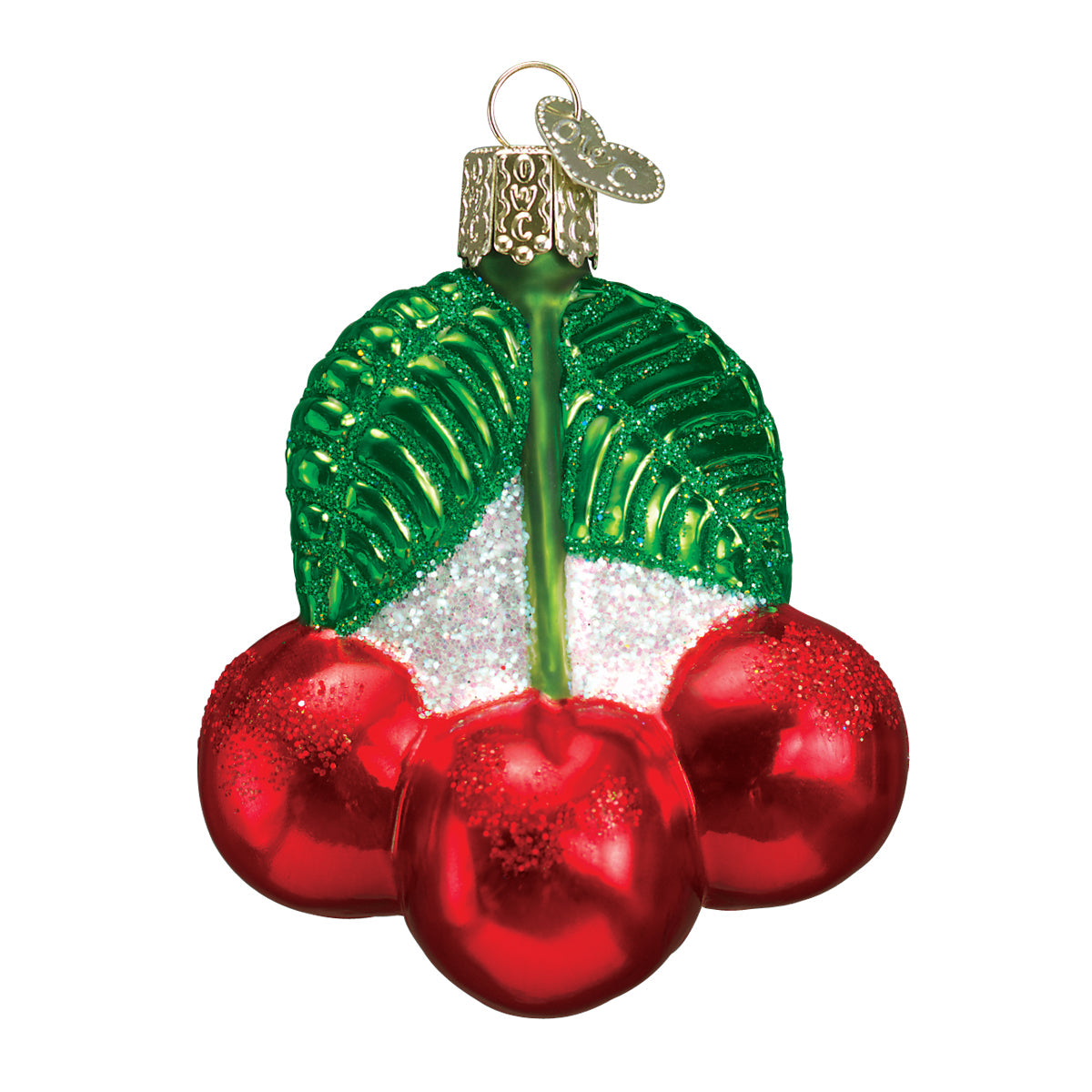 Cherries Ornament handcrafted with shiny red cherries and green leaves, perfect for festive decor and artisan holiday celebrations.