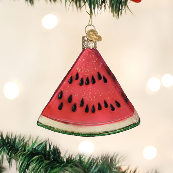 Artisan Watermelon Wedge Ornament, handcrafted glass decor with vibrant colors and glitter, perfect for holiday cheer!