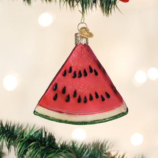 Artisan Watermelon Wedge Ornament, handcrafted glass decor with vibrant colors and glitter, perfect for holiday cheer!