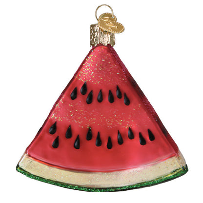 Watermelon Wedge Ornament, colorful artisan decor, handcrafted glass ornament, handmade with glitter and lacquer.
