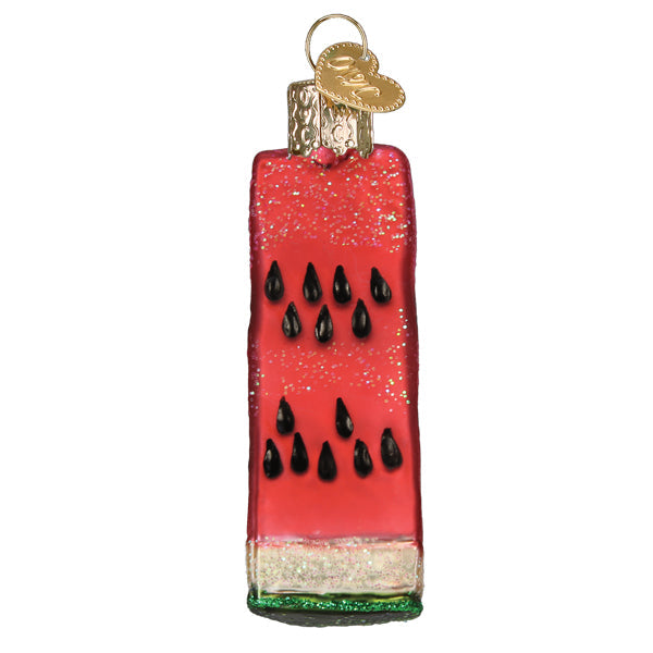 Watermelon Wedge Ornament, artisan handcrafted decor, glass ornament with vibrant colors and glitter.