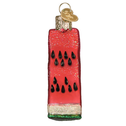 Watermelon Wedge Ornament, artisan handcrafted decor, glass ornament with vibrant colors and glitter.