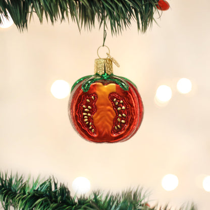 Handcrafted Garden Tomato Ornament with vibrant colors, perfect artisan decor for your Christmas tree.