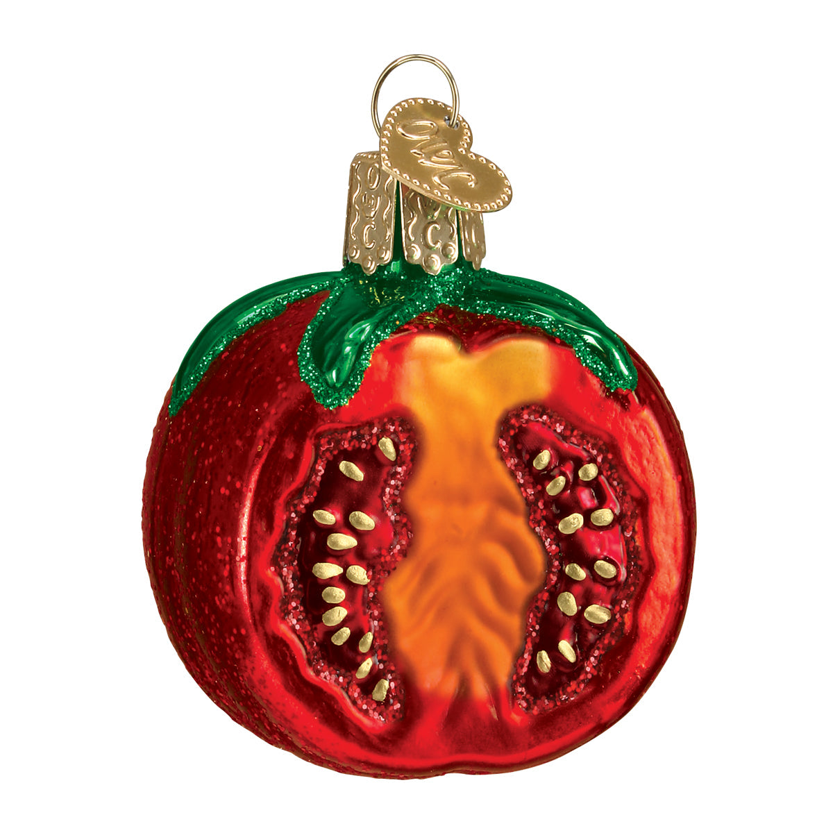 Handcrafted Garden Tomato Ornament, artisan decor featuring vibrant red with green accents, perfect for festive celebrations.