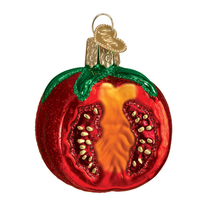 Handcrafted Garden Tomato Ornament, artisan decor featuring vibrant red with green accents, perfect for festive celebrations.