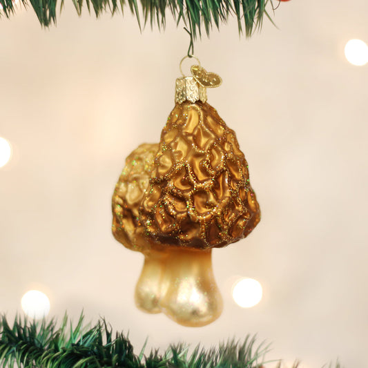 Morel Mushrooms Ornament hanging on a tree, handcrafted artisan decor for holiday celebrations.