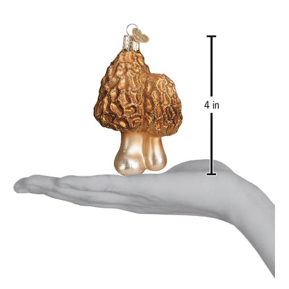 Morel Mushrooms Ornament displayed in a hand, showcasing its artisan handcrafted design, measuring 4 inches.