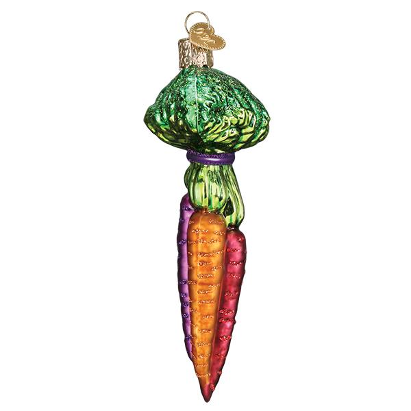 Rainbow Carrots Ornament, handcrafted artisan decor, adds colorful charm to any Christmas tree.