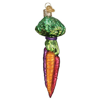 Rainbow Carrots Ornament, handcrafted artisan decor, adds colorful charm to any Christmas tree.