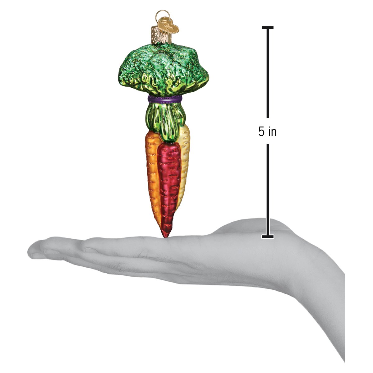 Rainbow Carrots Ornament handcrafted decor, showing colorful carrots and broccoli in a hand for scale.