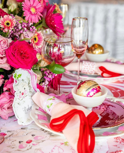 Linen Scalloped Square | Peony Pink with Rosebud Red