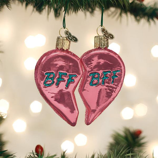 Bff Hearts Ornament showcasing two interlocking pink hearts with BFF lettering, a perfect artisan handcrafted decor.
