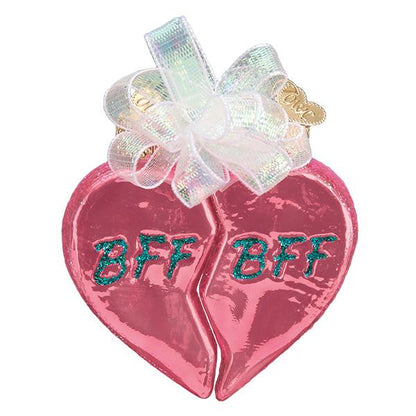 Bff Hearts Ornament, handcrafted artisan decor featuring two interlocking hearts and a sparkly bow.