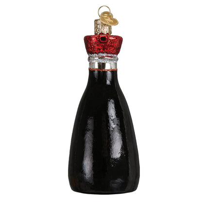 Handcrafted Soy Sauce Ornament, artisan decor showcasing a shiny black bottle with a glittery red cap.