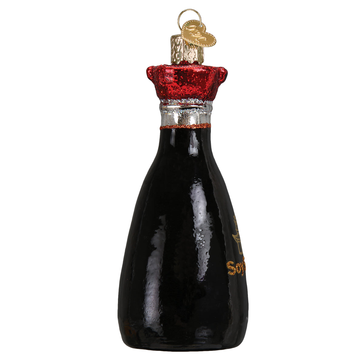 Handcrafted Soy Sauce Ornament for artisan decor with a shiny red cap and intricate details.