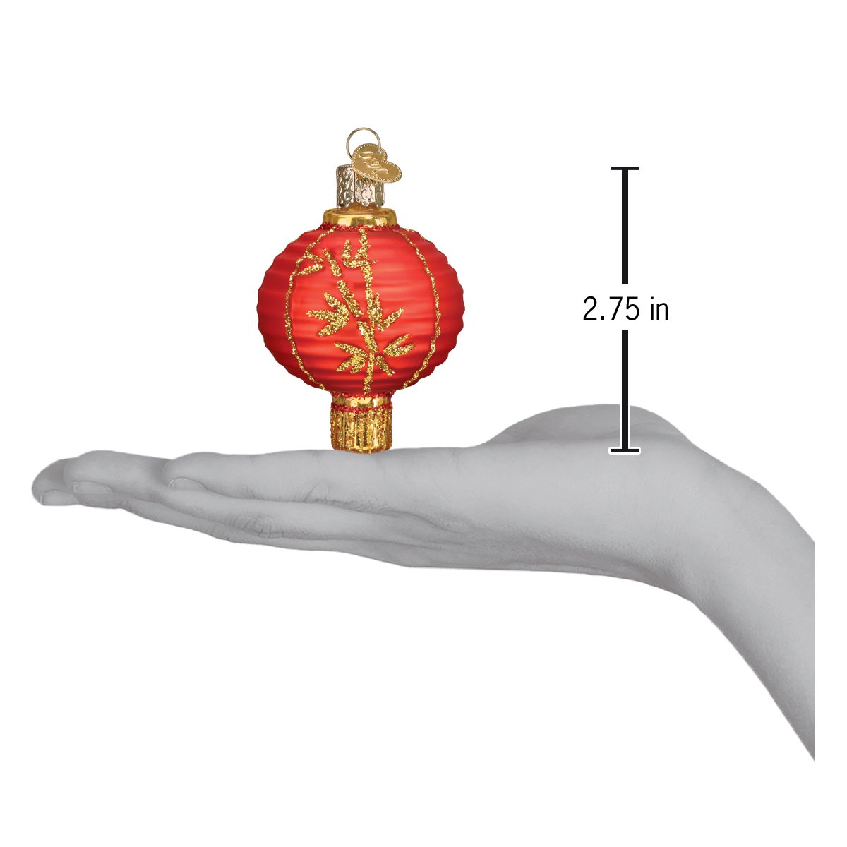 Handcrafted Chinese Lantern Ornament shown in hand, measuring 2.75 inches. A beautiful artisan decor piece.