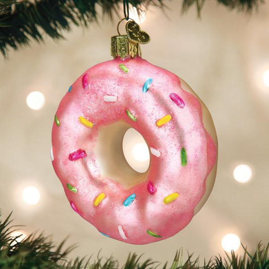 Pink Sprinkles Donut Ornament with glossy pink frosting and colorful sprinkles for festive artisan decor.