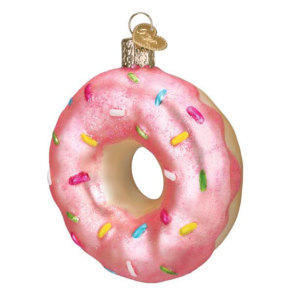Pink Sprinkles Donut Ornament in glossy pink with colorful sprinkles, perfect for artisan holiday decor. Handcrafted and handmade.