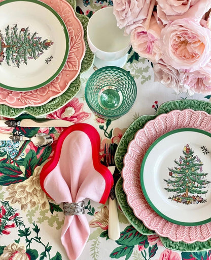 Linen Scalloped Square | Peony Pink with Rosebud Red