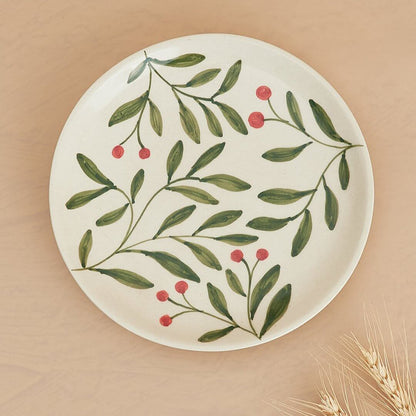 Holly Leaf Plate Set in Olive | Stoneware Snack Plates with artisan leaf design and red berries, perfect for decor and serving.