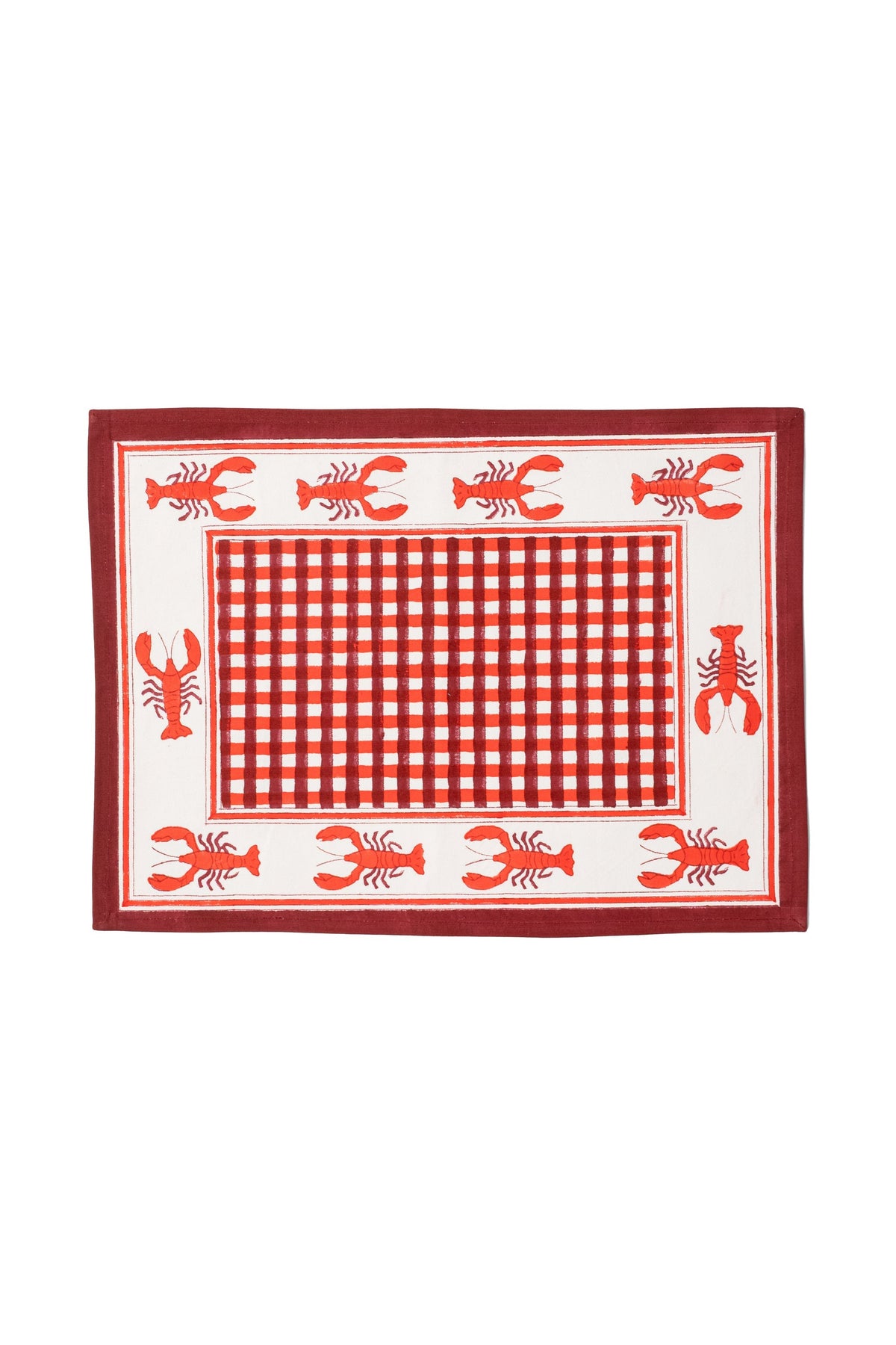 Lobster Red Gingham Blockprint Placemat, Set of 2