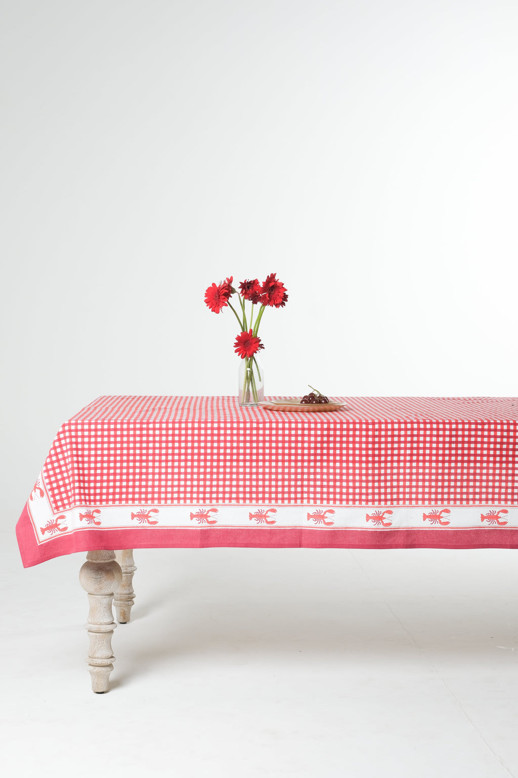 Lobster Red Gingham Blockprint Tablecloth