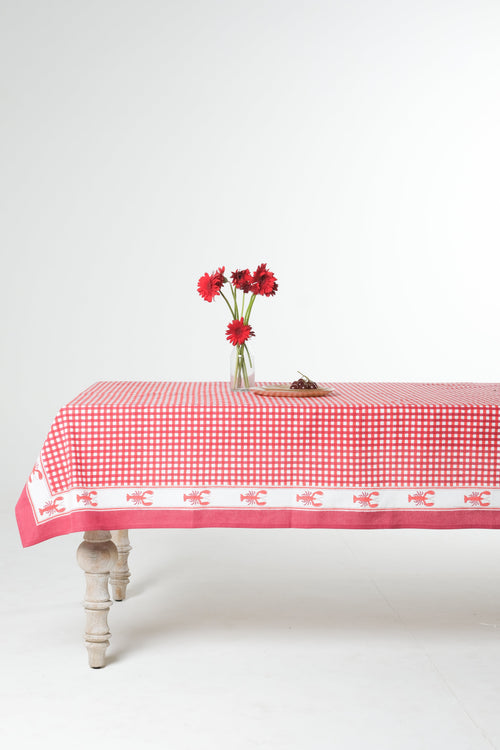 Lobster Red Gingham Blockprint Tablecloth