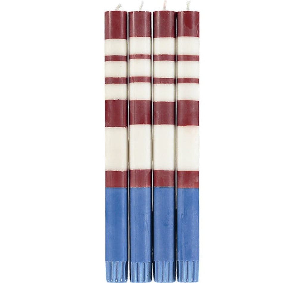 S/4 Striped Guardsman Red, Pearl & Royal Blue Dinner Candles