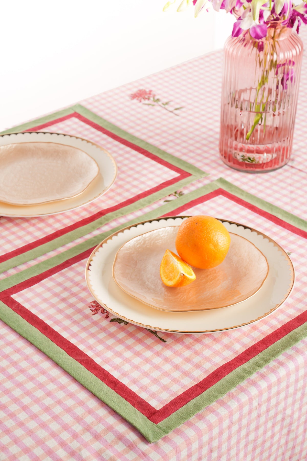 Dahlia Gingham Blockprint Placemat, Set of 2