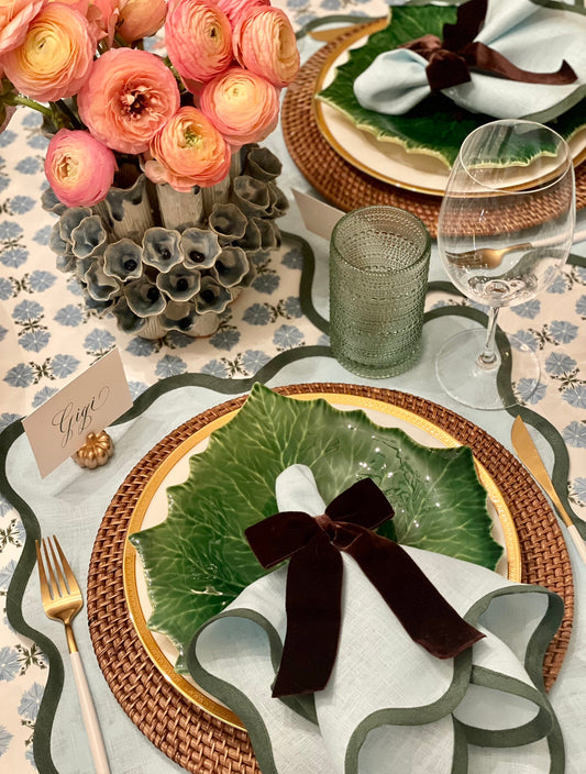 Linen Scalloped Square | Sky Blue with Pine Green