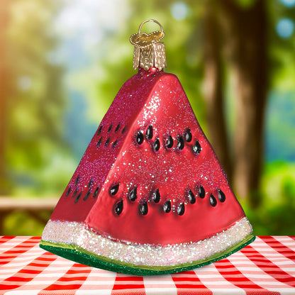 Watermelon Wedge Ornament, artisan handcrafted decor, beautifully mouth-blown glass with hand-painted details.